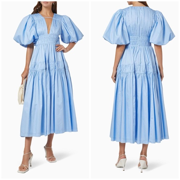 Aje Fallingwater Gathered Cotton Midi Dress Blue - Picture 1 of 12